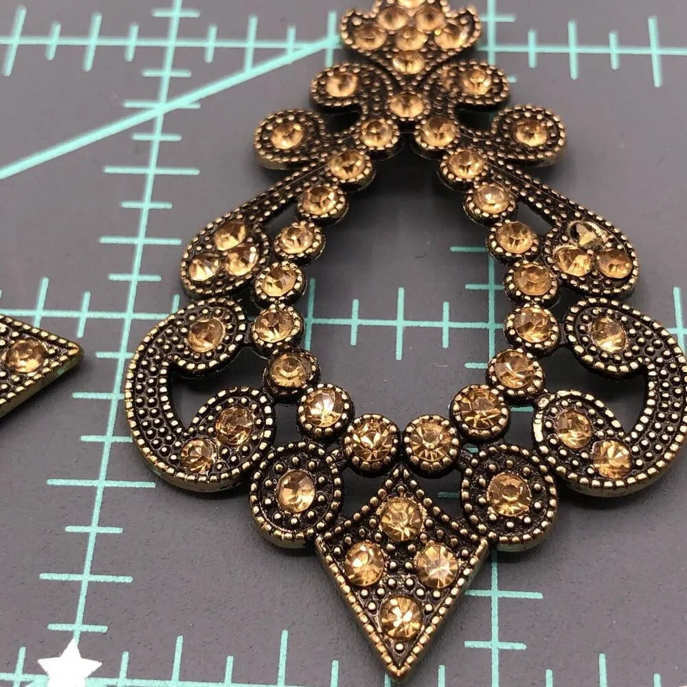Vintage Rhinestone Earrings Faux Citrine Antiqued Gold Tone Mughal Chandelier‎